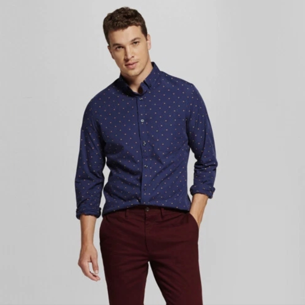 Goodfellow & Co Men's Northrop Dark Blue Shirt with Dot Pattern